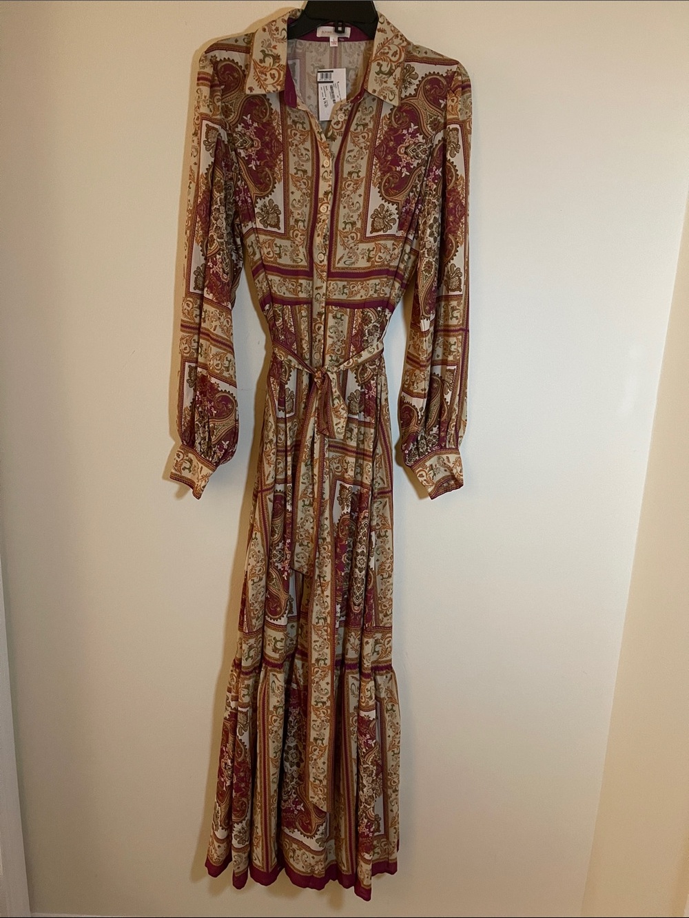 Flying Tomato Long Sleeve Paisley Maxi Shirt Dress in Beige and Burgundy Size L